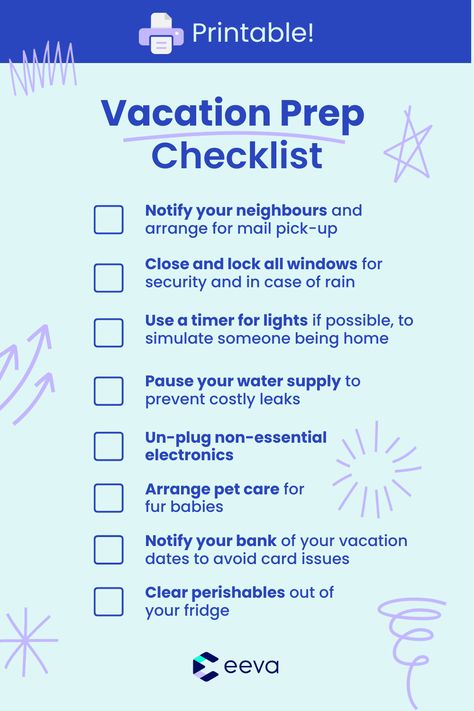 Printable checklist containing list items for vacation preparation Prep Checklist, Vacation Prep, Summer Schedule, Vacation Family, Life Management, Family Plan, Home Management, Bucket Lists, Summer Months