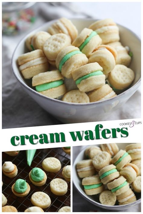 Cream Wafers are one of my favorite Christmas Cookie Recipes! They're a light, flaky wafer cookie recipe made with cream and filled with rich buttercream frosting. #cookiesandcups #christmascookies #creamwafers #wafercookies #buttercream #cookierecipe #cookies Cream Wafer Cookies Recipe, Wafer Cookies Recipe, Wafer Cookie Recipe, Cream Wafers, Wafer Cookie, Christmas Cookie Recipes, Buttercream Filling, Christmas Cookies Easy, Wafer Cookies