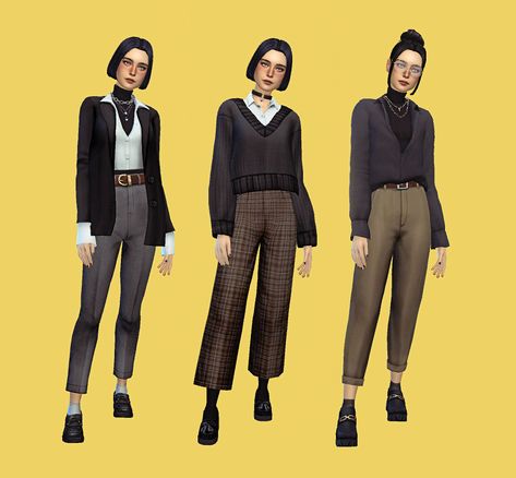 Ts4 Dark Academia Cc, Dark Academia Lookbook, Sims 4 Base Game Outfits Ideas, Dark Academia Pants, Dark Academia Winter, Sims Packs, Androgynous Outfits, Dark Academia Clothes, Academia Clothes