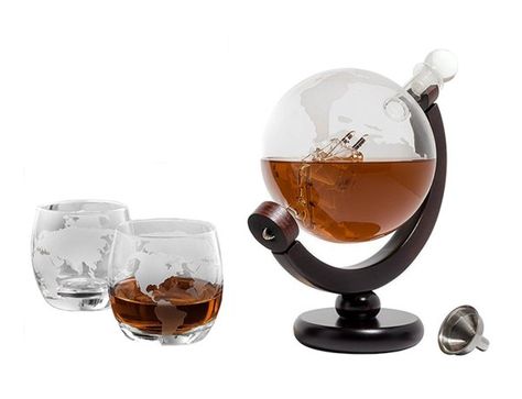 Mahogany Stained Wood With 2 Globe Glasses and Bar Funnel. Embrace your love of both travel, adevnture and a good whiskey/scothc. This beautiful mouth blown globe decanter is a must have. The sails and ship have a amber hue which makes this a beautiful home piece. This decanter will aerate your wine or any beverage as well. A perfect gift for the Bourbon, Scotch, or Wine connoisseur. Bring this to any party or as a home welcoming gift. We recommend this to be hand washed. Includes glass ... Whisky Set, Globe Design, Whisky Decanter, Whiskey Decanter Set, Wedding Gifts For Men, Unique Gifts For Dad, Whiskey Gifts, Liquor Decanter, Whisky Glasses