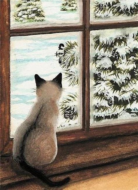 Winter Drawings, Goodnight Moon, Tabby Cats, Cat Art Illustration, Winter Painting, Cat Artwork, Watercolor Cat, Color Rendering, Window Art