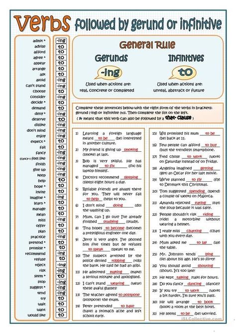 Verbs Followed By Gerund, English Grammar Exercises, English Grammar Rules, Teaching English Grammar, Verb Worksheets, English Grammar Worksheets, English Verbs, Teaching Grammar, Learn English Grammar