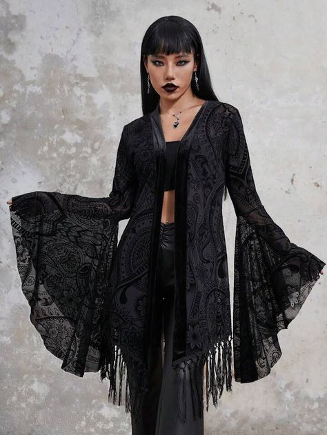 ROMWE Goth Paisley Print Fringe Hem Bell Sleeve Mesh Top | SHEIN Sheer Duster, Boho Witch, Fringe Shawl, Kimono Duster, Eclectic Fashion, Gothic Outfits, Grunge Style, Dark Fashion, Swag Outfits