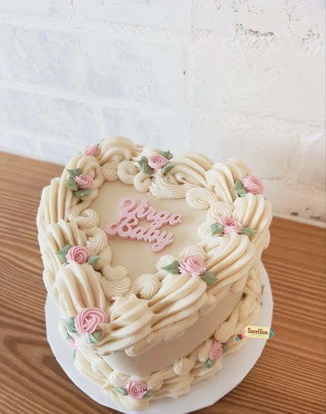 Virgo heart cake Virgo Heart Cake, Virgo Baby Cake, White Vintage Heart Cake, Virgo Cake Ideas, Virgo Birthday Cake, Vintage Heart Cake, 22nd Birthday Cakes, 19 Birthday, Virgo Birthday