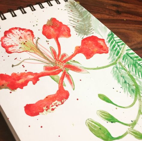 An attempt at the gulmohar flowers outside my home. Watercolour with gold acrylic. Gulmohar Flowers, Floral Photography Nature, Flowers Outside, Flower Watercolor, Watercolor Flowers Paintings, Floral Photography, Art Journal Inspiration, Photography Nature, Journal Inspiration