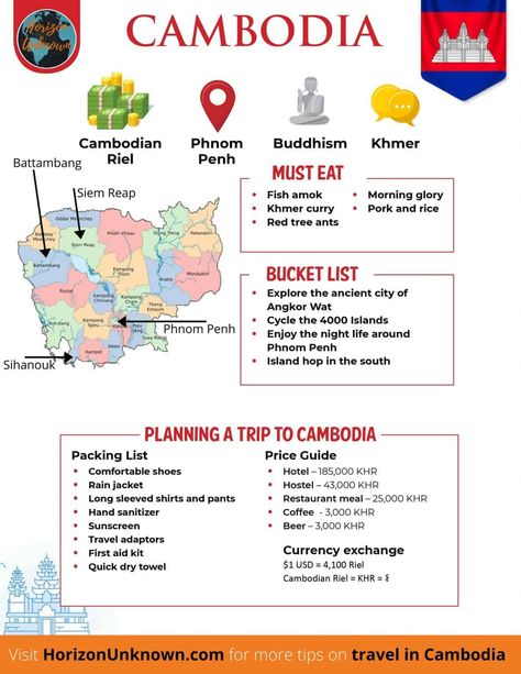 Cambodia Travel Tips and Advice - Guide and Best Things to See. Basic Cambodia infographic travel tips page. . Click to learn more about Cambodia. How to plan travel to Cambodia infographic, Cambodia bucket list and must eat in Cambodia  . #travel #traveling #cambodia #travelingcambodia #traveller # asia #southeastasia #wanderlust #explore  Travel Cambodia infographic tips for travel Travel To Cambodia, Cambodia Travel Itinerary, Cambodia Travel Guide, Things To Do In Cambodia, Asia Travel Tips, Asia Travel Bucket List, Backpacking Cambodia, Asia Bucket List, South East Asia Travel