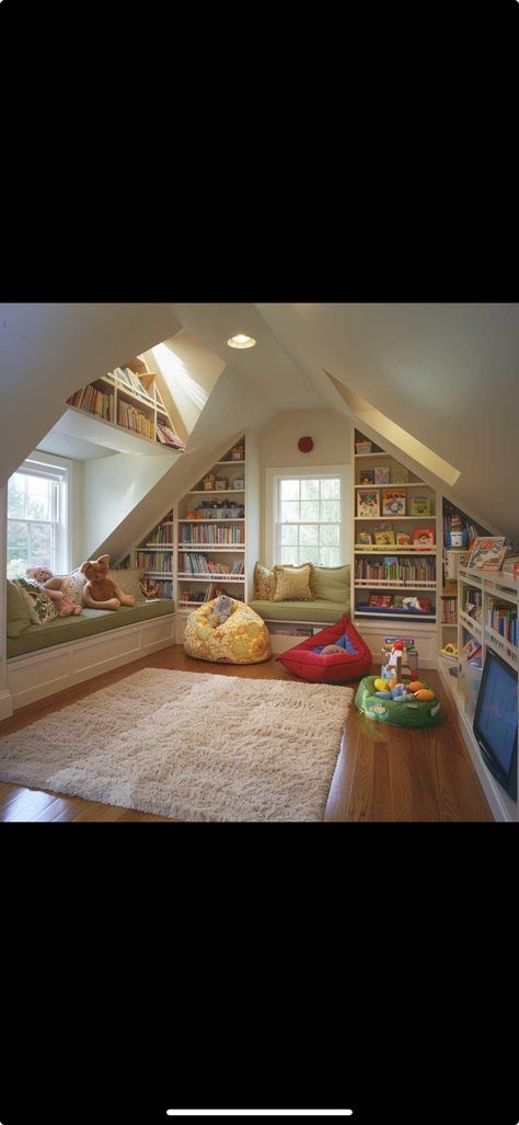 Vaulted Playroom, Kids Loft Playroom, Secret Playroom, Upstairs Loft Ideas, Sunroom Playroom, Loft Playroom, Contemporary Basement, Autumn Room, Kids Loft