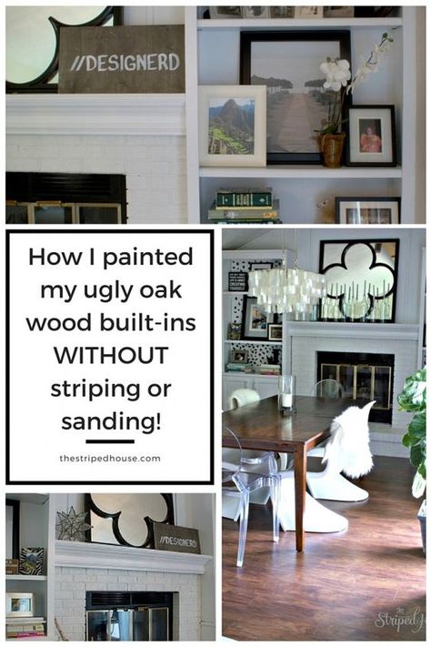 The easy way to makeover ugly oak built-in bookcases WITHOUT striping or sanding!  And it looks like a professional did it! Wood Built Ins, Home Decor Fireplace, Painted Built Ins, Do It Yourself Home Decor, Brick Fireplace Makeover, Fireplace Built Ins, Decor Fireplace, Oak Bookcase, House Decor Rustic