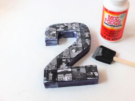 Giant Letters Diy, Number Picture Collage, Dessert Table Graduation Party, Collage Numbers, Photo Numbers, Table Graduation, Diy Photo Collage, Mod Podge Pictures, Graduation Photo Collage