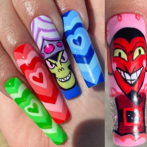 Mojojo and HIM IG kristendeverney Cartoon Character Nail Designs, Cartoon Characters Nails, Cartoon Character Nail Art, Cartoon Character Nails, Powder Puff Girls, Character Nails, Girls Nail Designs, Nails Fun, Girl Nails