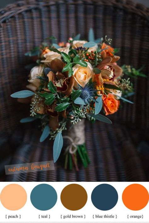 Blue peach and teal wedding bouquet perfect for fall wedding Teal Wedding Bouquet, Orange Wedding Bouquet, Blue Wedding Bouquet, Deco Rose, Teal Wedding, Fall Wedding Bouquets, Fall Wedding Flowers, Wedding Theme Colors, Orange Wedding