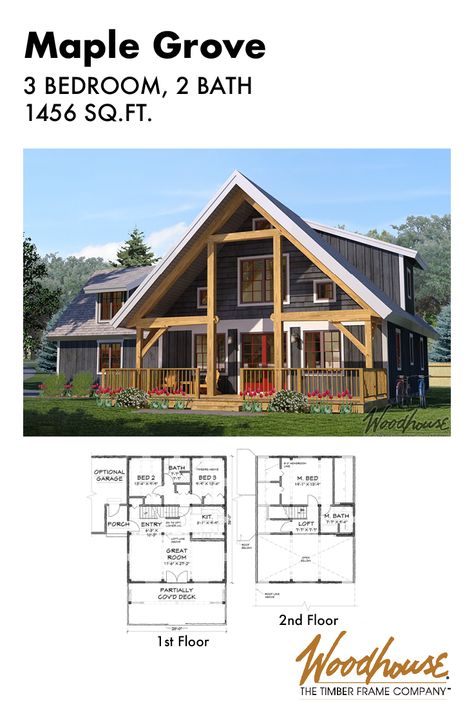 This gorgeous 3-bedroom, 2-bathroom timber frame home plan with a loft features its great room right next to the partially covered deck.   Download the floor plan below! 3 Bedroom Home Floor Plans With Loft, A Frame Cabin 3 Bedroom, Chalet Floor Plans With Loft, A Frame Cabin Plans 3 Bedroom, A Frame Floor Plans 3 Bedroom, 2 Bedroom With Loft House Plans, Cabin Plans 3 Bedroom, 3 Bedroom A Frame House Plans, A Frame Cabin Floor Plans