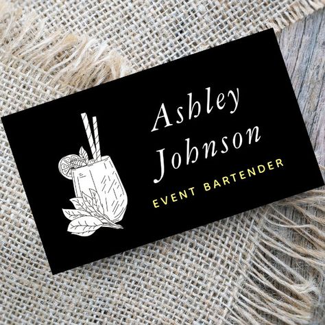 Black & White Tropical Cocktail with Straws Leaves Business Card Bar Names, Mobile Bartender, Mobile Cocktail Bar, Elegant Business Cards, Mobile Bar, Lettering Fonts, Diy Business, Creative Business, Hat Crafts