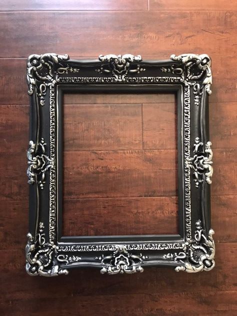 "Black matte frame with silver accents for picture frame, canvas, art, or mirror Finish: Matte black with silver accents Exterior Measures: 24\"w x 28\" h x 2.5\" d x 5\" (frame wide) Interior open measures: 16\" x 20\" (for glass, mirror or picture) Note: not include mirror or glass/back panel This would look amazing as an empty frame on the wall as part of your decor, or add a large art piece to it, or a mirror. This beautiful frame is made after the purchase takes 2 weeks to get ready, hand p Frames For Canvas, Frame Canvas Art, Gift Frames, Gothic Pictures, Frames Ideas, Mirror Wedding, Picture Frame Gallery, Black Picture Frame, Antique Picture Frames