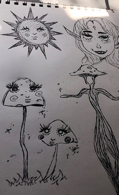 Eye Mushroom Art, Nature Doodles Aesthetic, Fairy Eyes Drawing, Mashrooms Drawing Indie Easy, Flowers With Eyes Drawing, Fairy Mushroom Drawing, Fairy Aesthetic Drawing, Pen Doodles Aesthetic, Pen Drawings Aesthetic