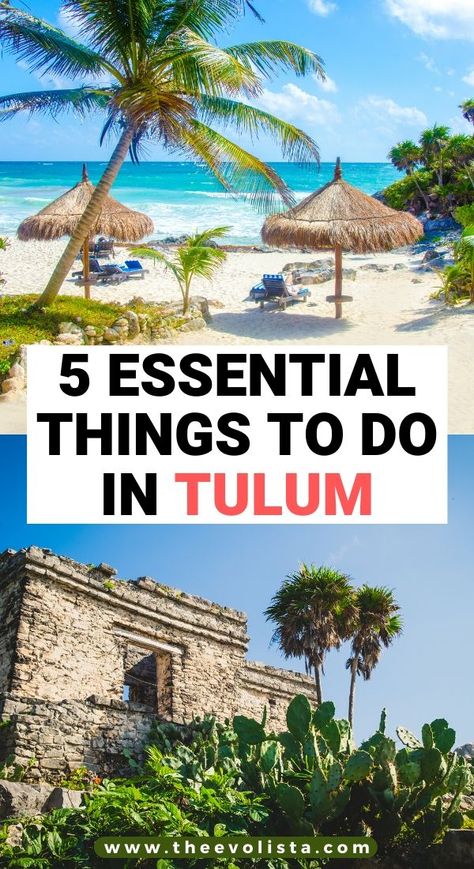 5 Essential Things to Do in Tulum | Bucket list places in Tulum | What to see in Tulum | Best beaches in Tulum | Tips and tricks for Tulum travelers | Best activities in Tulum | Tulum travel guide | Prettiest places in Tulum | Best Tulum photo spots | Instagrammable Tulum | Where to stay in Tulum | Best cenotes to visit Tulum | Best restaurants in Tulum | Unique things to do in Tulum | Tulum travel tips | When to visit Tulum | Planning the best Tulum travel itinerary #tulum #mexico #traveltips Tulum Bucket List, Tulum Travel Guide, Mexico Tulum, Mexico Beaches, Tulum Travel, Mexico Travel Guides, Mexico Travel Destinations, Mexico Beach, Mexico Resorts