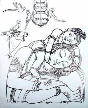 Yashoda Krishna artist Gopal Naskar Krishna Yashoda Drawing, Yashoda Krishna Drawing, Gopal Drawing, Yashoda Krishna, Jamini Roy, Pen Art Work, Kerala Mural Painting, Easy Love Drawings, Beautiful Art Paintings