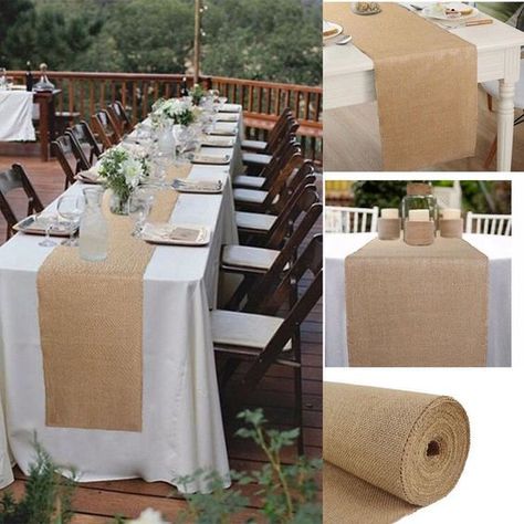 Farmhouse Jute Table Runner: This table runner is made from 100% natural hessian burlap, durable and easy care. Fine workmanship. Exquisite edges, not easily loose thread. #burlaptablerunner #tablerunner #farmhousedecor #burlap #jute #rustic #rusticburlap #decorprops #homedecor #homedecoration #farmhousestyle #tablerunners Natural Centerpieces, Rustic Tablescape, Jute Table Runner, Unique Rustic Wedding, Fun Wedding Decor, Wedding Organizer Planner, Rustic Wedding Ceremony, Deco Champetre, Wedding Planner Book