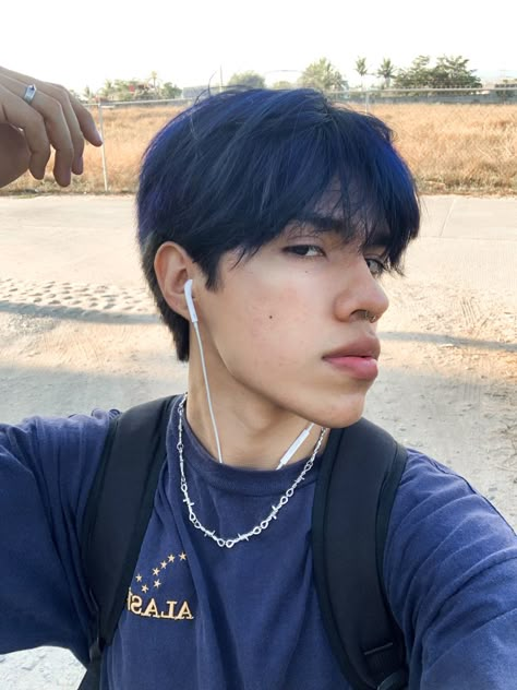 blue hair boy Blue Hair Men Black, Men Blue Highlights Hair, Hair Color For Morena Skin Short Hair, Black Blue Hair Men, Blue Highlights In Black Hair Men, Blue Hair On Men, Navy Blue Hair Men, Blue Black Hair Men, Short Blue Hair Men