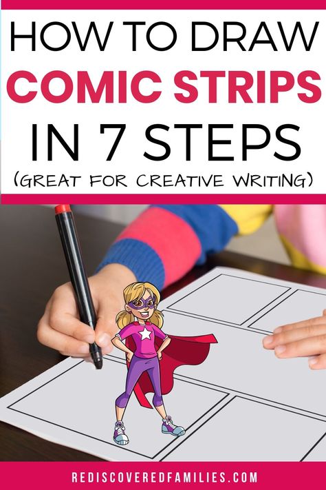 Your Kids will have loads of fun creating their own comics! We'll show you how to draw comic strips in seven easy steps. Includes templates, story line ideas, and video tutorials to help with drawing. It's a creative way get your children writing. Click through to find everything you need to get started. Story Line Ideas, Easy Comics Strips, Help With Drawing, Writing Cartoons, Line Ideas, Comic Book Writing, Children Writing, Make A Comic Book, Draw Comic