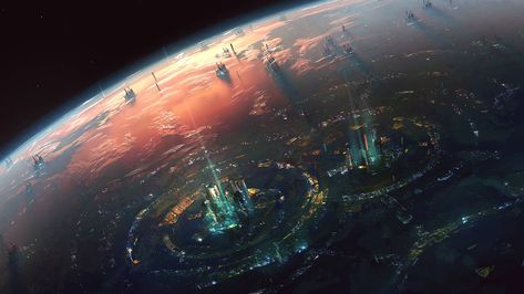 Future Earth Sci Fi, Stellaris Art, Sci Fi Planet, Planet Surf, Environmental Artwork, Future Technology Concept, Future Earth, Sci Fi City, Spaceship Art