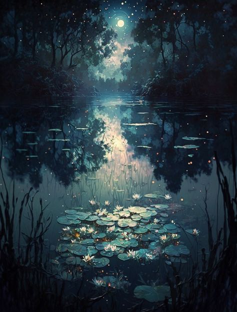 Night Pond Aesthetic, Lake At Night Painting, Forest Night Painting, Pond At Night, Gothic Landscape, Enchanted Lake, Castle Background, Lily Painting, River Painting