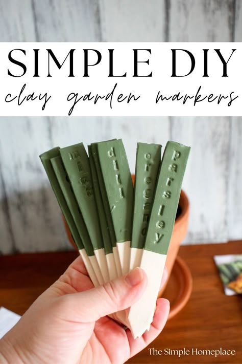 How to Make DIY Clay Garden Markers - The Simple Homeplace Pottery Easy Ideas Simple, Homemade Garden Markers, Air Dry Clay Herb Markers, Clay Plant Markers Diy, Diy Herb Markers, Air Dry Clay Garden Markers, Pottery Yard Art, Clay Herb Markers, Air Dry Clay Garden Decor