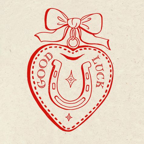 good luck, babe! ♥️ new sticker design inspired by vintage heart lockets! #art #tattoo #redlineart #goodluck #luckyhorseshoe #luckyhorseshoetattoo #chappellroan #goodluckbabe #heartlocket #etsy #smallbusiness #vintage #bow #coquette Cowboy Heart Tattoo, Cool Sticker Tattoos, Retro Tattoos Vintage, Flat Penny Tattoo, Astetic Designs, Lasso Heart Tattoo, Sticker Tattoo Back, Western Aesthetic Tattoo, Heart Themed Tattoos