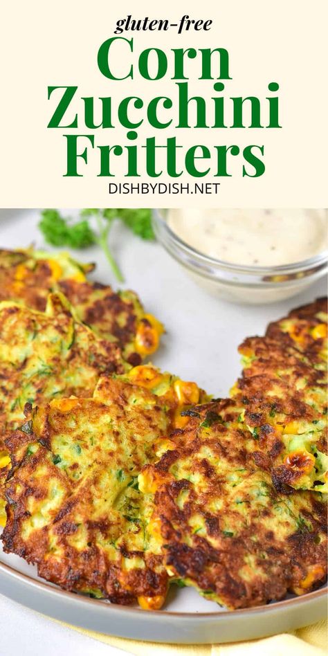 These deliciously crispy gluten-free zucchini fritters are perfect to use up the abundant zucchini in the summer! Tasty and savory, these zucchini and corn fritters also make a great snack, appetizer or side dish! Totally dairy-free too! Dairy Free Zucchini Recipes, Dairy Free Zucchini Fritters, Zucchini And Corn Fritters, Zucchini Corn Fritters, Sweet Corn Fritters, Bean Flour, Corn Fritters, Zucchini Fritters, Fritter Recipes