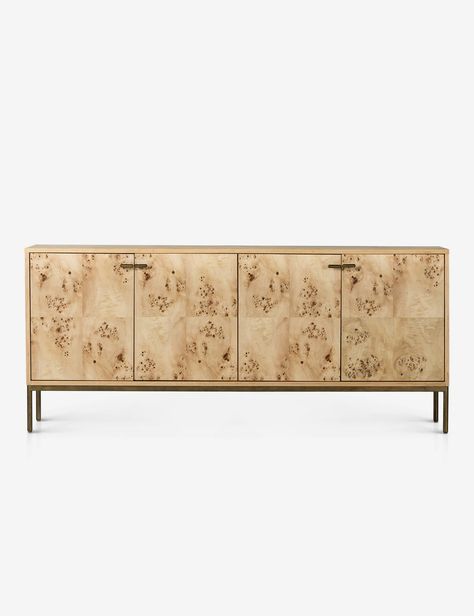 The Lorca Sideboard offers mixed materials by pairing a poplar burl wood veneer with antique brass finished accents. Shop this spacious buffet storage cabinet. Mid Century Modern Cabinets, Modern Entertainment Center, Solid Wood Sideboard, Mesa Exterior, Cabinet Shelving, Iron Lighting, Wood Sideboard, Four Hands, Sideboard Buffet