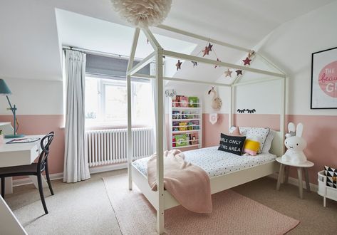 Half Pink Bedroom, Half Pink And White Wall, Half Pink Wall Bedroom, Pink And White Toddler Bedroom, Half Pink Half White Wall, Flora Bedroom, Olive Room, Indigo Bedroom, Pink Feature Wall