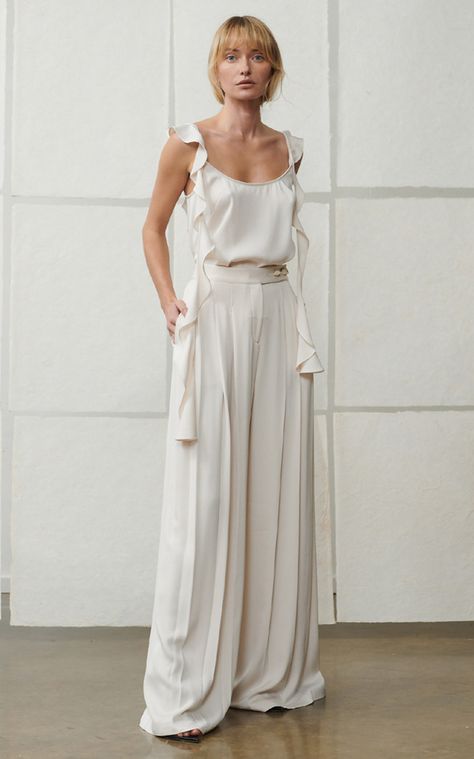 Women's Clea Resort 2024 Collection | Moda Operandi All White Outfit, Color Crush, White Slip, Satin Top, Knitwear Tops, Black Ribbon, Black Slip Ons, New Arrival Dress, Moda Operandi