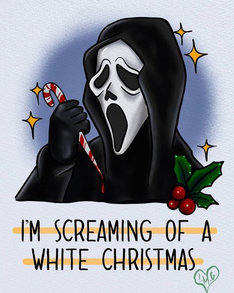 Christmas Horror Art, Cute Ghost Face, Scream Christmas, Black Christmas Decorations, Homemade Holiday Cards, Scary Christmas, Christmas Horror, Scary Movie Characters, Creepy Christmas