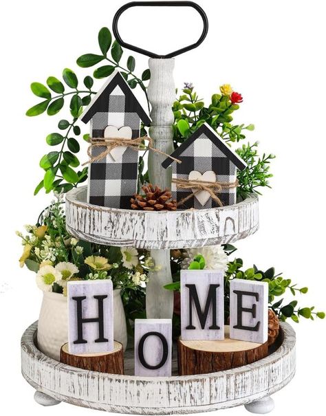 Tiered Tray Decorations, Easter Table Centerpieces, Farmhouse Tiered Tray Decor, Tiered Tray Stand, Love Wood Sign, Farmhouse Tiered Tray, Buffalo Plaid Decor, Flat Decor, White Kitchen Decor