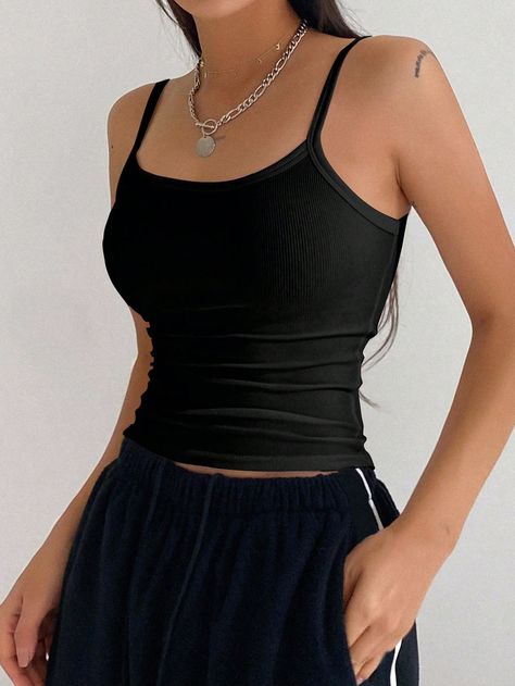 Women Summer Solid Color Pleated Slim Fit Camisole Top Black Casual   Polyester Plain Cami Slight Stretch  Women Clothing, size features are:Bust: ,Length: ,Sleeve Length: Camisole Outfit, Tough Clothes, Small Tank Tops, Black Camisole, Women Tank Tops, Workout Tank Tops, Kids Beachwear, Black Tank Tops, Cute Dresses