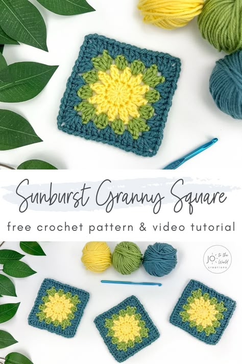 Sunburst Granny Square - Free Crochet Pattern | Jo to the World Creations Sunburst Crochet Pattern, Starburst Granny Square Pattern, Sunburst Granny Square Pattern, Granny Squares Ideas, Crochet Sunburst Granny Square, Starburst Granny Square, Sunburst Crochet, Crochet Sunburst, Easy Granny Square