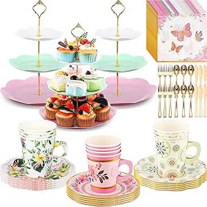 Layhit 83 Pcs Tea Party Decorations Include Disposable 12 Sets 9 Oz Paper Tea Cups with Handle and Saucers Floral Napkins 3 Tire Cake Stand Tea Serving Platter Tableware for Girl's Birthday Tire Cake, Tea Party Cupcakes, Paper Tea Cups, Tea Party Supplies, Tea Time Party, Party Serving, Floral Napkins, Tea Party Decorations, Mad Tea Party