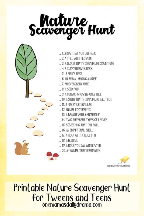 Print this nature scavenger hunt and send tweens and teens outdoors for some fresh air and a fun challenge. Fun for a group activity too! Teen Scavenger Hunt, Nature Scavenger Hunt Printable, Nature Walk Scavenger Hunt, Scavenger Hunt Riddles, Nature Scavenger Hunt, Nature Hunt, Nature School, Scavenger Hunt For Kids, Sedona Arizona