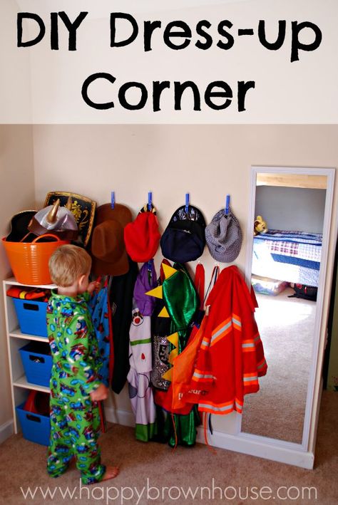 DIY Dress-up Corner for kids makes it easy to keep the dress up clothes organized and for kids to play independently. Super easy organization idea for dramatic play! Perfect for home or preschool Dress Up Corner, Dress Up Area, Dress Up Storage, Dress Up Clothes, Diy Preschool, Dramatic Play Area, Command Hooks, Kids Dress Up, Kids Room Organization