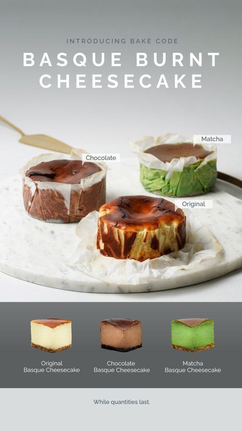 Chocolate Burnt Cheesecake, Matcha Basque Burnt Cheesecake, Basque Cheesecake Packaging, Burn Basque Cheesecake, Matcha Basque Cheesecake, Chocolate Basque Cheesecake, Cheesecake Design Ideas, Burn Cheesecake, Cheesecake Flavours