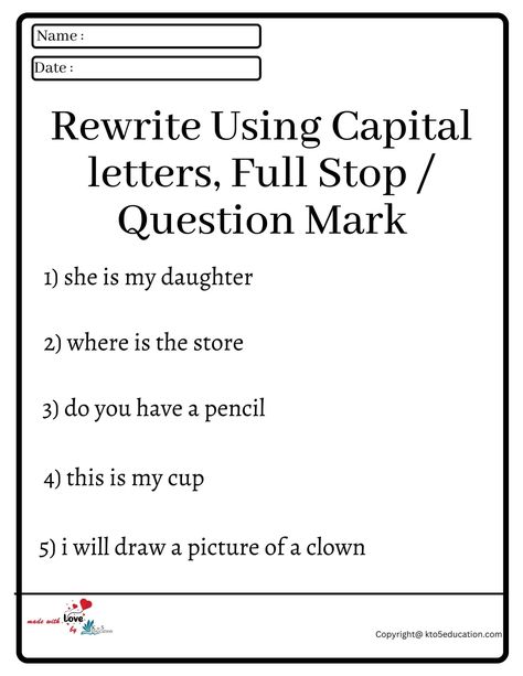 Full Stop And Question Mark Worksheet, Capital Letters And Full Stops Worksheet, Question Mark Worksheet, Teaching Punctuation, Writing Worksheets Kindergarten, Capital Letters Worksheet, Punctuation Activities, Magazine Letters, Punctuation Worksheets