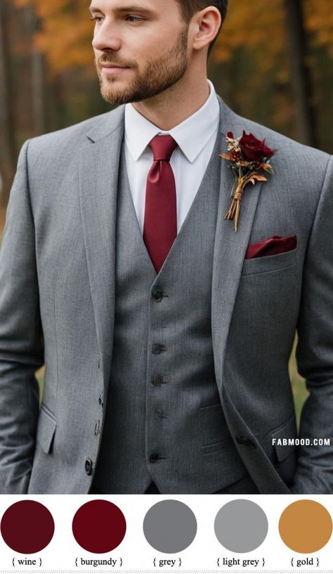 20 Burgundy Wedding Color Combinations for a Stunning Celebration Grey And Red Tuxedo Wedding, Burgundy And Grey Color Palette, Deep Wine Wedding Color Schemes, Gray Suit Burgundy Tie, Maroon And Grey Wedding Theme, Maroon Wedding Color Palette, Maroon And Grey Wedding, Fall Wedding Colors Burgundy, Maroon And Silver Wedding