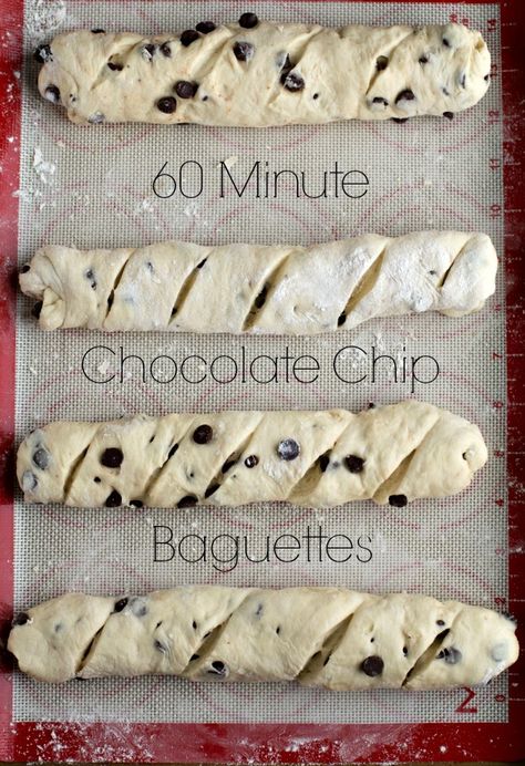 Chocolate Chip Baguettes - baguettes with a crisp/chewy crust and a soft interior full of melty chocolate that are made from scratch in just 60 minutes! Baguette Recipe, Homemade Chocolate Chips, Dessert Bread, Bread And Pastries, Made From Scratch, Bread Machine, Cannoli, Mini Chocolate Chips, Bread Rolls