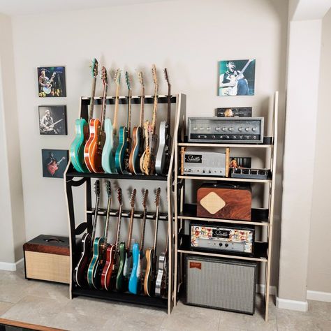 DRS Racks Guitar Storage Ideas Small Spaces, Music Equipment Storage, Guitar Rack Diy, Guitar Holder Wall Diy, Guitar Bookshelf, Music Studio Storage, Guitar Amp Storage, Guitar Hanger Ideas, Instrument Storage Ideas