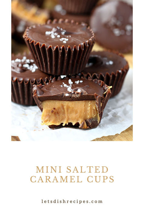 Mini Salted Caramel Cups Recipe -- Mini chocolate filled caramel cups topped with a hint of sea salt. #holidaycandy #christmasdesserts Caramel Cups, Caramel Deserts, Caramel Treats, Caramel Coffee, Sweet Treats Desserts, Easy Holiday Recipes, Chocolate Cups, Cocktail Desserts, Easy No Bake Desserts