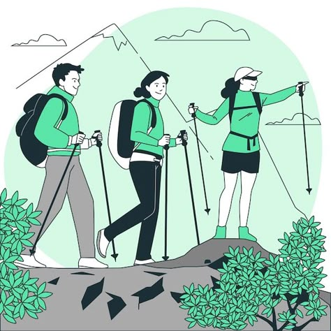 People Hiking Illustration, Hiking Graphic Design, Trek Illustrations, Hiking Drawing, Free Hobbies, San Francisco Hikes, Hiking Pose, Hiking Illustration, Hiking Graphic