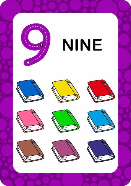 Numbers flashcards number nine education... | Premium Vector #Freepik #vector #math-game #activity-book #math-kids #kindergarten-cartoon Flashcards For Numbers, Number Posters Free, Preschool Number Cards, Numbers Preschool Printables, Math Number Cards, Cartoon Flash, Numbers Flashcards, Kids Learning Numbers, Alphabet Flash Cards Printable