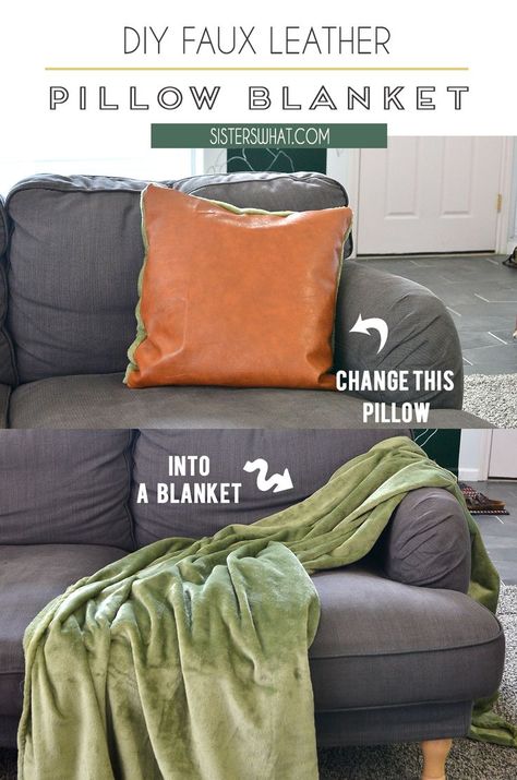 Learn how to make an easy pillow blanket. Use lush, fleece blanket to turn into a faux leather pillow. A very easy faux leather pillow and a blanket tutorial. Homemade Blankets, Faux Leather Pillow, Winter Sewing Projects, Diy Blanket, Winter Sewing, Blankets For Winter, Craft Projects For Adults, Pillow Blanket, Diy Wool