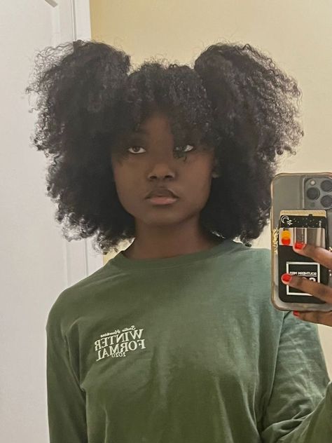 Afro Pigtails Natural Hair, 4c Natural Hair Pigtails, Blavk Girl Hairstyles Natural, 4c Natural Hairstyles Big Forehead, 4c Bangs Hairstyles, 4c Hair With Bangs, Natural Curls Hairstyles 4c, 4c Bangs, Natural Black Girls Hairstyles