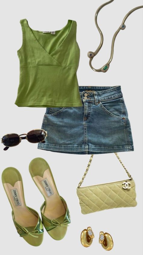 Green tank top and denim skirt! Green heels with a green purse. A pair of sunglasses and a statement necklace! #summer #fashion #summeroutfitideas #green #tanktopoutfits #denim #skirtfashion #heels #green #bows #pursesandhandbags #sunglasses #statementjewelry #necklace Summer Heel Outfits, Outfit Ideas Green Top, Summer Outfits Denim Skirt, Denim And Green Outfit, Outfits With Green Skirt, Green Tank Outfit, Green Top Outfit Summer, Skirt Tank Top Outfit, Green Top Outfit Aesthetic